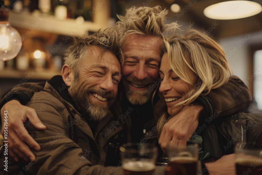 Candid close up of closely related people hugging together with smiling faces Candid close up of closely related people hugging together with smiling faces