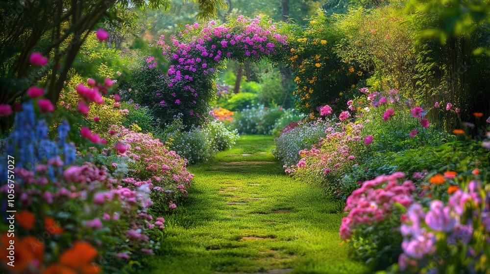 Obraz premium Graceful garden walkway surrounded by a riot of blooming flowers,