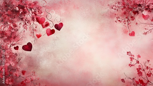 Design a romantic copy space background for Valentine's Day, featuring soft pink and red tones, delicate hearts, and subtle floral accents, creating the perfect canvas for heartfelt messages and love 