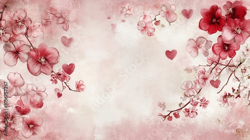 Design a romantic copy space background for Valentine's Day, featuring soft pink and red tones, delicate hearts, and subtle floral accents, creating the perfect canvas for heartfelt messages and love 