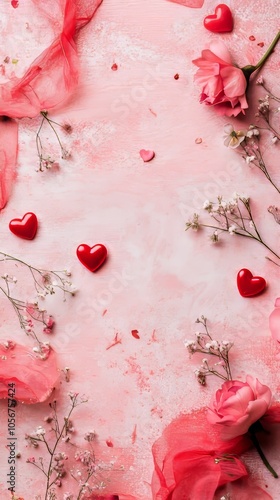 Design a romantic copy space background for Valentine's Day, featuring soft pink and red tones, delicate hearts, and subtle floral accents, creating the perfect canvas for heartfelt messages and love 