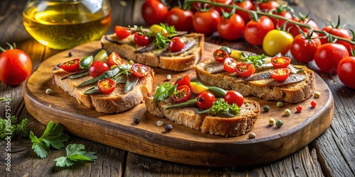 A Rustic Wooden Board Displaying a Culinary Symphony of Toasted Bread, Crisp Greens, and Vibrant Cherry Tomatoes, Elevated by a Splash of Golden Olive Oil