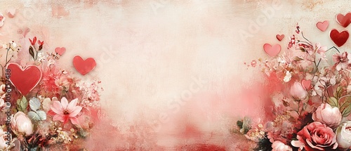 Design a romantic copy space background for Valentine's Day, featuring soft pink and red tones, delicate hearts, and subtle floral accents, creating the perfect canvas for heartfelt messages and love 