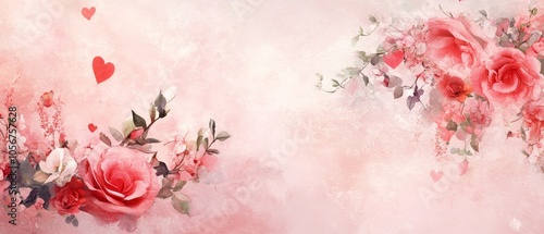 Design a romantic copy space background for Valentine's Day, featuring soft pink and red tones, delicate hearts, and subtle floral accents, creating the perfect canvas for heartfelt messages and love 