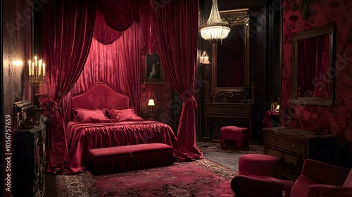 A Luxurious Crimson Bedroom with Candelabras and a Chandelier photo