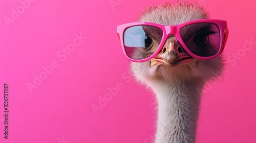 Ostrich sporting sunglasses against a pink backdrop creating a playful and amusing animal portrait Fun and whimsical concept photo