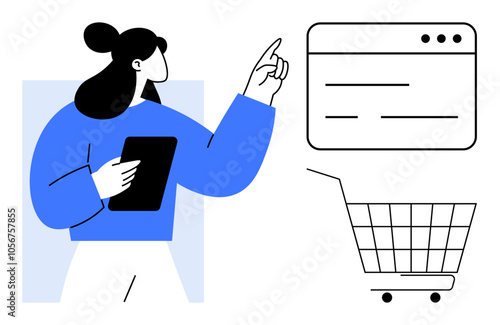 A woman with a tablet interacts with an online shopping interface. There is a shopping cart and a webpage. Ideal for e-commerce, online shopping, digital marketing, retail, user interaction