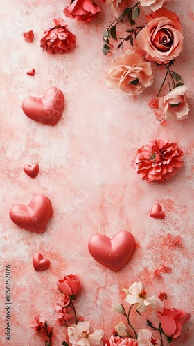 Design a romantic copy space background for Valentine's Day, featuring soft pink and red hues, delicate hearts, and elegant floral accents, creating the perfect canvas for heartfelt messages of love