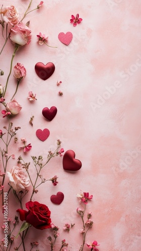 Design a romantic copy space background for Valentine's Day, featuring soft pink and red hues, delicate hearts, and elegant floral accents, creating the perfect canvas for heartfelt messages of love