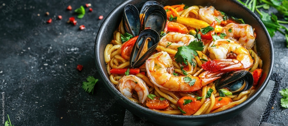 Spicy Udon Noodles With Stir Fried Shrimps Mussels Calamari And Vegetables In Bowl Spicy Udon Noodles With Stir Fried Shrimps Mussels Calamari And Vegetables In Bowl