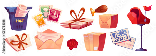 Postal collection with purple and red letterbox, colorful stamps showing flowers, ships and letters tied with brown ribbon, sealed envelopes and wax seal for mail delivery service. Cartoon vector set.