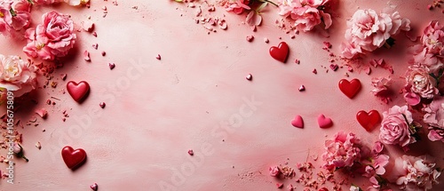 Design a romantic copy space background for Valentine's Day, featuring soft pink and red hues, delicate hearts, and elegant floral accents, creating the perfect canvas for heartfelt messages of love