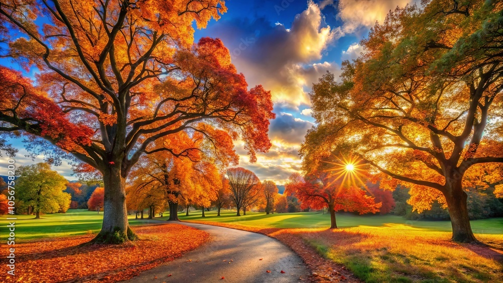Fototapeta premium A winding path through a park, edged by golden foliage and radiant sunlight, leading towards a breathtaking autumn sunset