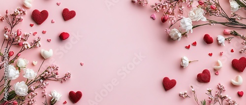 Design a romantic copy space background for Valentine's Day, featuring soft pink and red hues, delicate hearts, and elegant floral accents, creating the perfect canvas for heartfelt messages of love