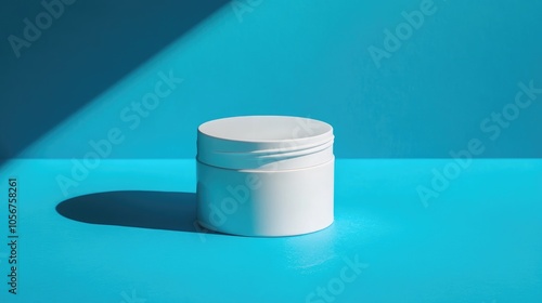 White cosmetic jar on a vibrant blue backdrop