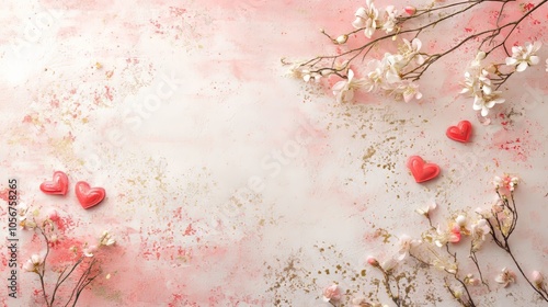 Design a romantic copy space background for Valentine's Day, featuring soft pink and red hues, delicate hearts, and elegant floral accents, creating the perfect canvas for heartfelt messages of love