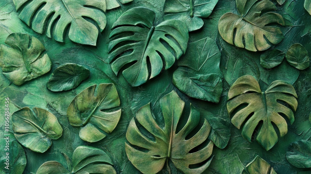Obraz premium Intricate bas relief pattern art of Monstera leaves, with small,