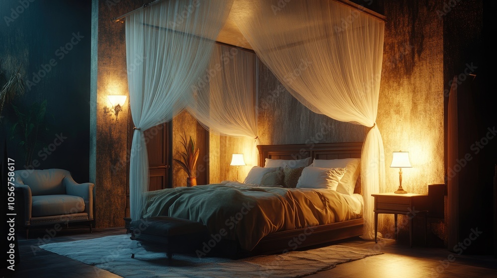 Cozy Bedroom with Canopy Bed and Soft Lighting Cozy Bedroom with Canopy Bed and Soft Lighting