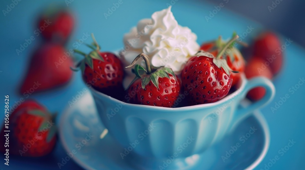 Strawberries With Cream In Blue Cup