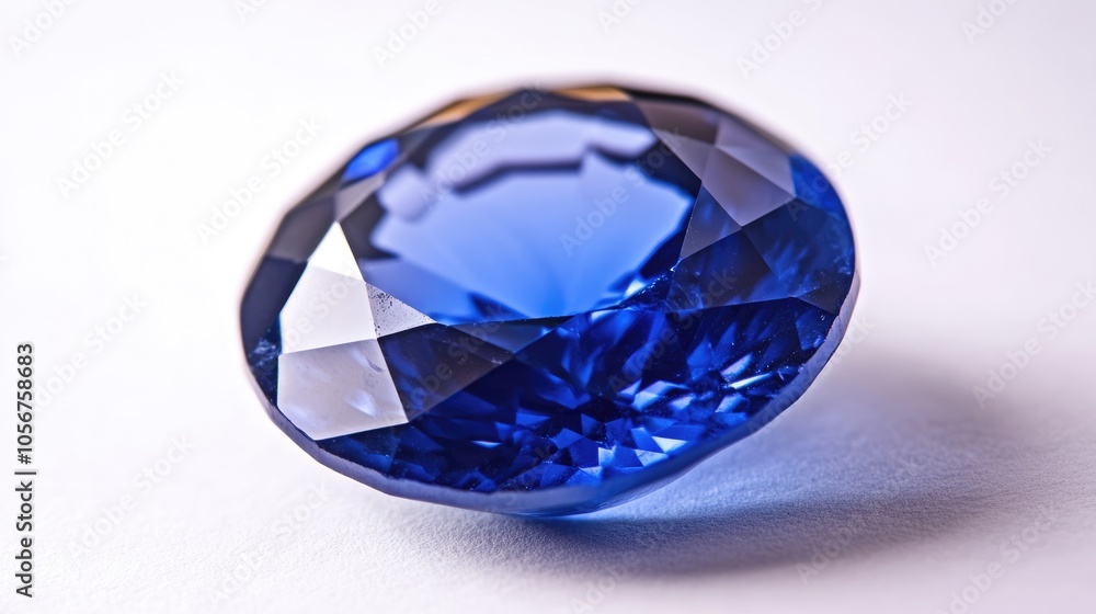 Blue sapphire gemstone against a white backdrop Blue sapphire gemstone against a white backdrop