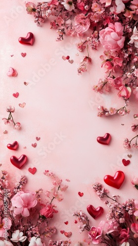 Design a romantic copy space background for Valentine's Day, featuring soft pink and red hues, delicate hearts, and elegant floral accents, creating the perfect canvas for heartfelt messages of love