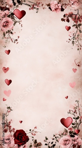 Design a romantic copy space background for Valentine's Day, featuring soft pink and red hues, delicate hearts, and elegant floral accents, creating the perfect canvas for heartfelt messages of love