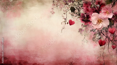 Design a romantic copy space background for Valentine's Day, featuring soft pink and red hues, delicate hearts, and elegant floral accents, creating the perfect canvas for heartfelt messages of love