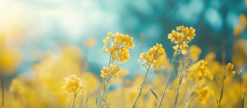 Blooming Rapeseed Field In Early Spring Background With Selective Focus And Copy Space Blooming Rapeseed Field In Early Spring Background With Selective Focus And Copy Space