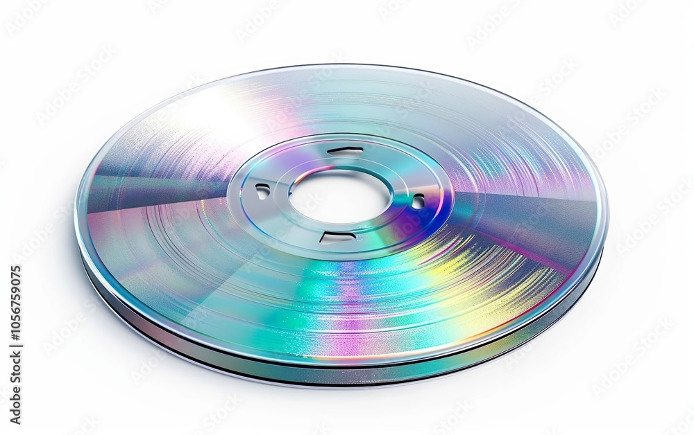 Reflective holographic CD isolated on white background. Y2K millenium 2000s era, retro futurism, nostalgic past, reminiscence, yearning, surrealism, optical illusion, hologram, unreal, ethereal. Reflective holographic CD isolated on white background. Y2K millenium 2000s era, retro futurism, nostalgic past, reminiscence, yearning, surrealism, optical illusion, hologram, unreal, ethereal.