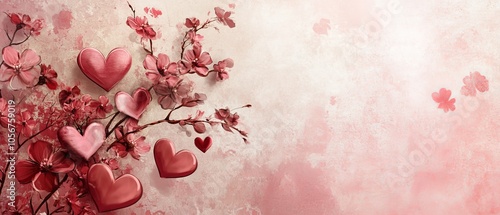 Design a romantic copy space background for Valentine's Day, featuring soft pink and red hues, delicate hearts, and elegant floral accents, creating the perfect canvas for heartfelt messages of love