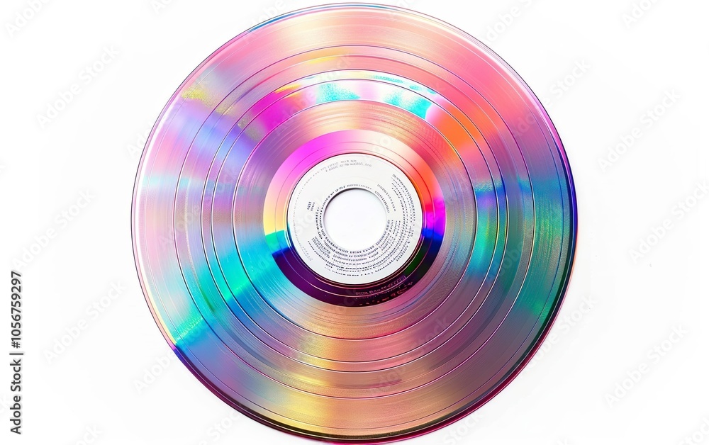 Reflective holographic round CD isolated on white background. Y2K millenium 2000s era, retro futurism, nostalgic past, reminiscence, yearning, surrealism, optical illusion, hologram, unreal, ethereal. Reflective holographic round CD isolated on white background. Y2K millenium 2000s era, retro futurism, nostalgic past, reminiscence, yearning, surrealism, optical illusion, hologram, unreal, ethereal.
