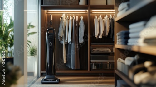 Modern Closet with Vacuum Cleaner and Neatly Arranged Clothes