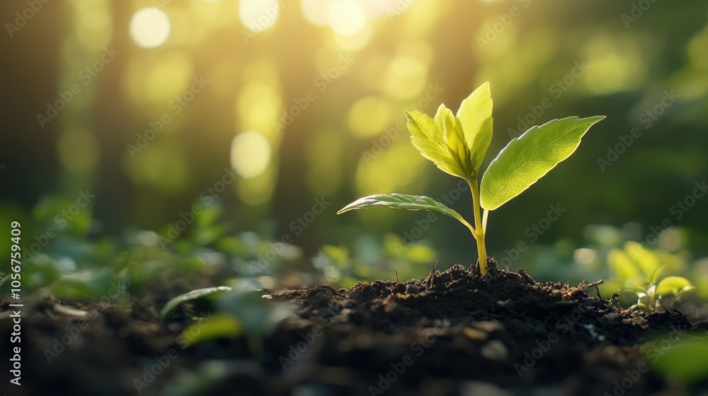 Seedling thriving in sunlight within a forest showcasing nature s beauty Represents themes of environmental conservation and growth Seedling thriving in sunlight within a forest showcasing nature s beauty Represents themes of environmental conservation and growth