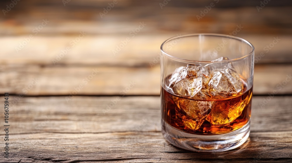 Whiskey or brandy served over crushed ice in a glass set against a rustic wooden backdrop with space for text Whiskey or brandy served over crushed ice in a glass set against a rustic wooden backdrop with space for text