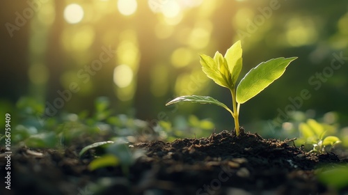 Seedling thriving in sunlight within a forest showcasing nature s beauty Represents themes of environmental conservation and growth