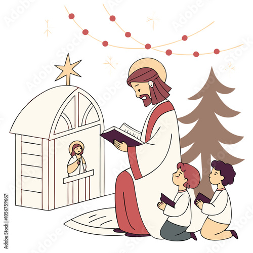 Jesus Reading Bible to Children: A heartwarming Christmas illustration depicting Jesus Christ reading the Bible to two attentive children.