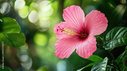 Tropical Pinkreddish Flower With Greenleafs In The Back Ground photo