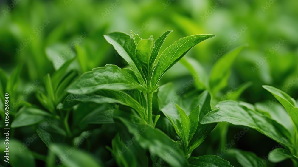 Close up view of Stevia rebaudiana leaves Detailed indoor shot showcasing the unique features of Stevia plant foliage Close up view of Stevia rebaudiana leaves Detailed indoor shot showcasing the unique features of Stevia plant foliage