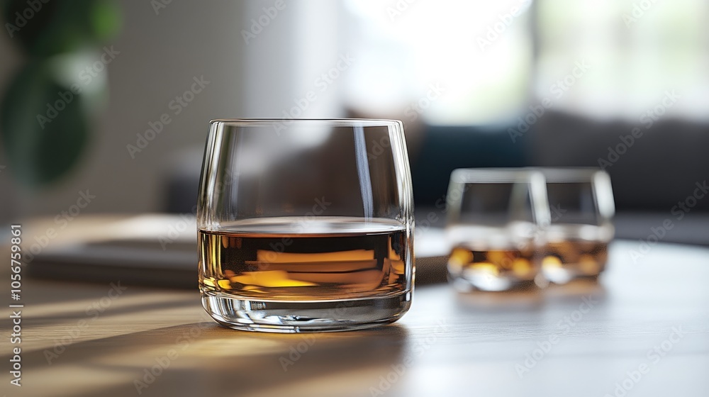 Whiskey served in a glass accompanied by another set of glasses Whiskey served in a glass accompanied by another set of glasses