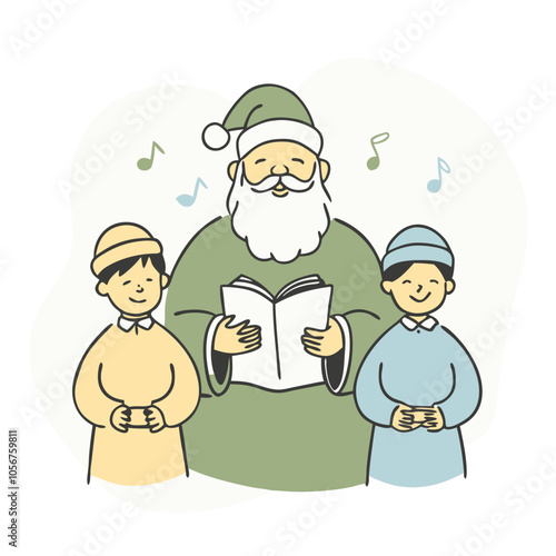 Santa and Children Christmas Caroling: A heartwarming illustration of Santa Claus leading two children in a Christmas carol, capturing the spirit of the season.