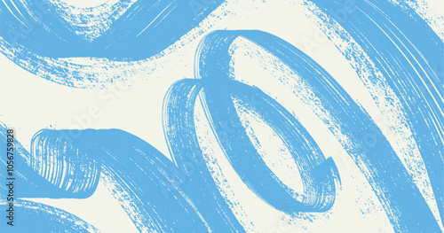 Grainy spiral, wavy dry brush stroke with spray texture. Hand drawn distress damaged edge art poster, banner with spiral pastel blue bold line. Vector grainy brush, ink texture. Scattered tiny dots.