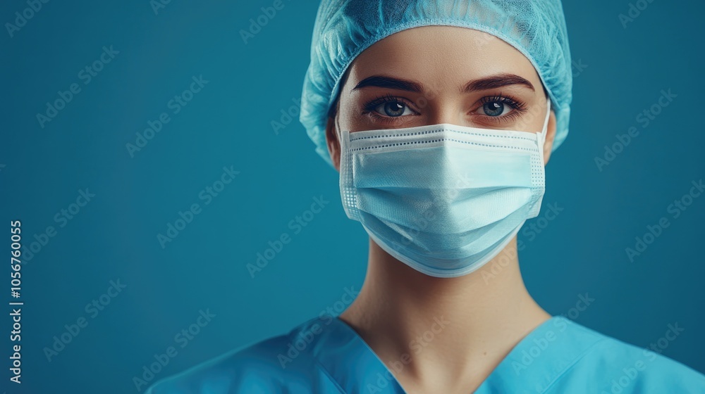 Portrait of a young attractive nurse wearing a blue uniform and a surgical mask for protection against a virus set against a blue studio background Portrait of a young attractive nurse wearing a blue uniform and a surgical mask for protection against a virus set against a blue studio background