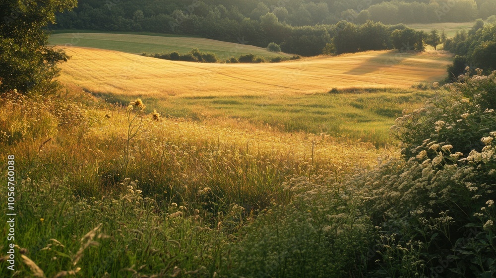 Obraz premium Panoramic view of a summer meadow with the shadows of grass and herbs