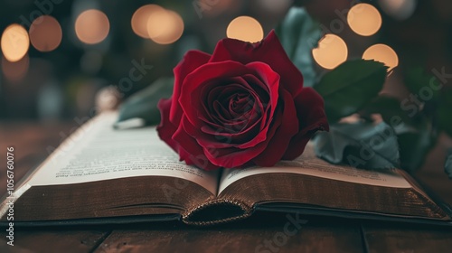 Fototapeta Naklejka Na Ścianę i Meble -  A red rose rests on an open book