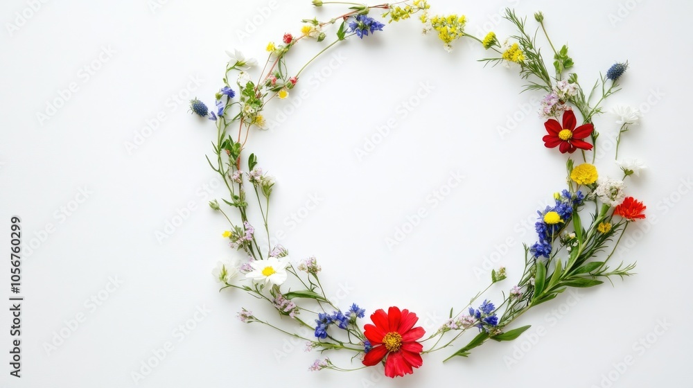 Floral wreath of wildflowers on a white backdrop with ample space for text Minimalist and aesthetic design Floral wreath of wildflowers on a white backdrop with ample space for text Minimalist and aesthetic design