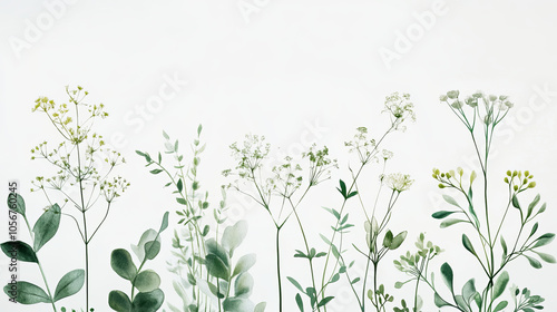 Wallpaper Mural Delicate green and white botanical frame featuring various flowers and leaves, creating serene and organic atmosphere. Perfect for nature inspired decor Torontodigital.ca