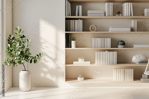 Office interior backdrop for online meetings. Light home office setting bookshelves background. Minimalist online workspace aesthetics. Video conferencing room design in pastel tones. photo