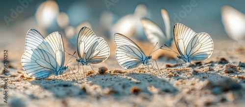 A Small Flock Of Black Veined White Butterfly Aporia Crataegi Basks In The Sun On The Sandy Ground Closeup