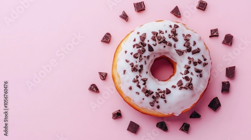 White glazed donut topped with dark chocolate treats on a pink backdrop Flat lay composition Food theme vibrant breakfast macro perspective photo