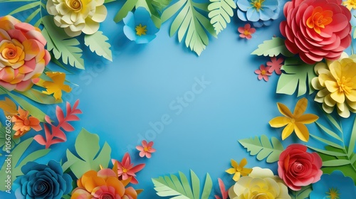 Top View Of Colorful Paper Cut Flowers On Blue Background